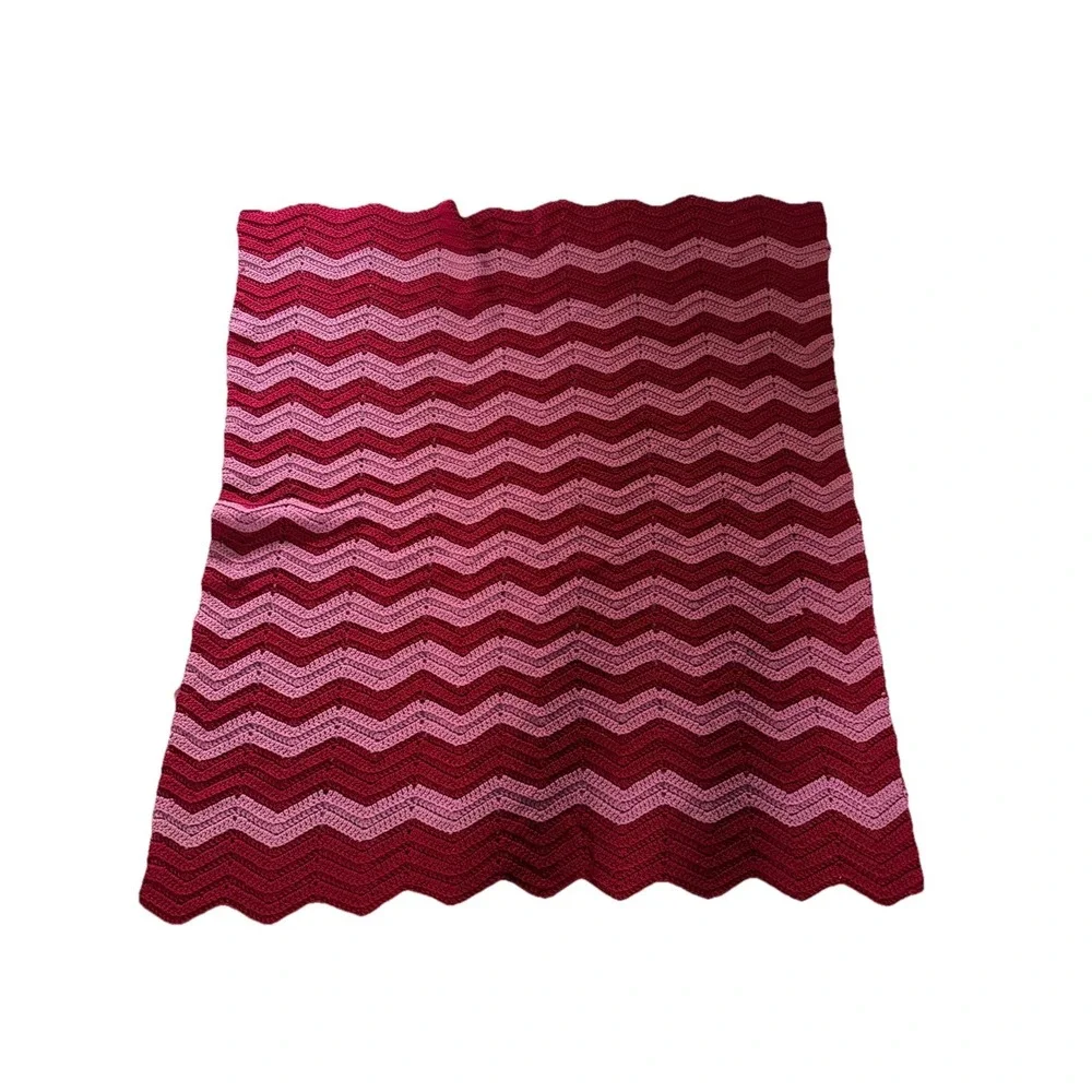 Pink Crochet Chevron Zig Zag Throw Blanket Afghan 68x64